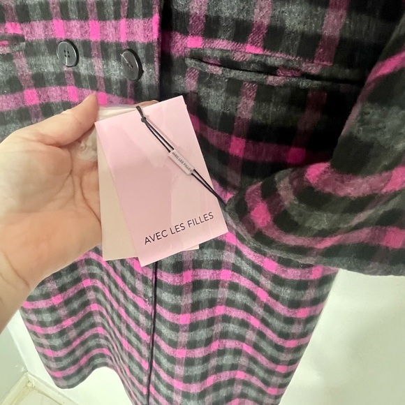 Avec Les Filles Plaid Double Breasted Coat Grey Black Pink. Size Medium. NWT. - Picture 8 of 12